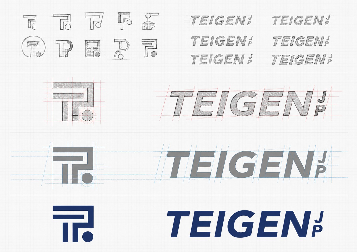 TEIGEN JPのシンボルマークと文字ロゴの制作過程。手描きのスケッチから設計線を経て完成形へ