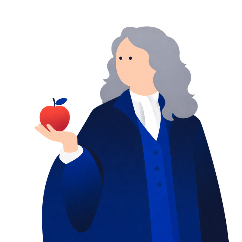 リンゴを手にするニュートンのイラスト（探究者＝Questionerの象徴）